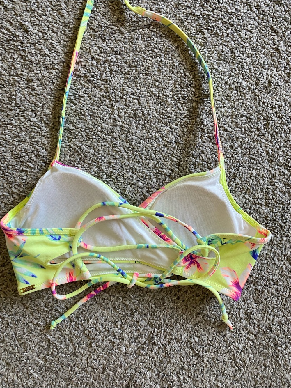 PINK Victoria's Secret Neon Yellow Floral Halter Bikini Top - Picture 2 of 5